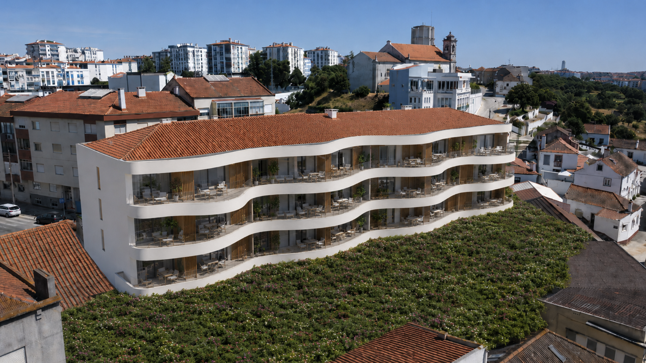 Perspetiva lateral esquerda do VARANDAS Baía do Seixal, com varandas curvas. Visualização 3D.